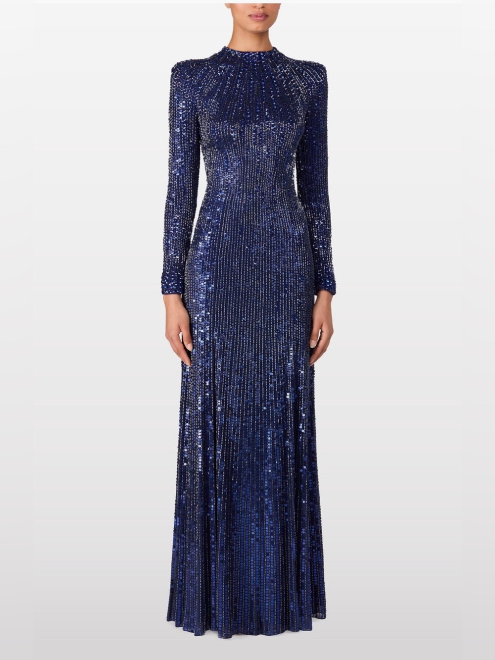 Jenny Packham Navy Sequined Long-Sleeve Maxi Gown